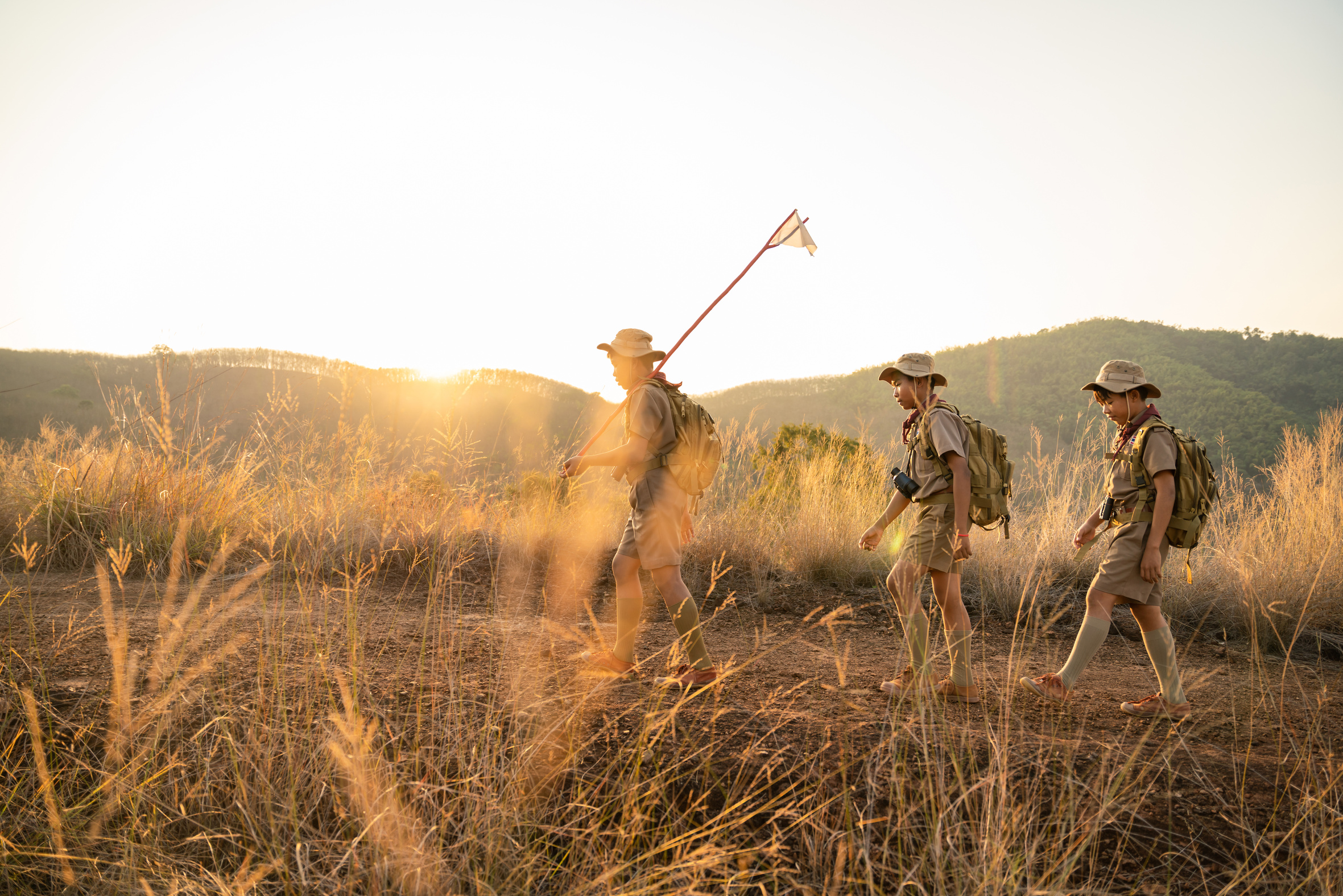 Asian Boy Scout Students Wearing Scout Uniforms and Backpacks Tr