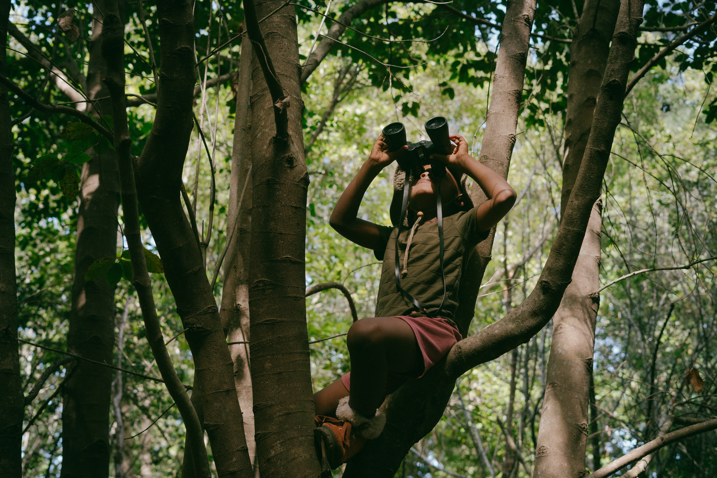 Kid with Binoculars in the Forest